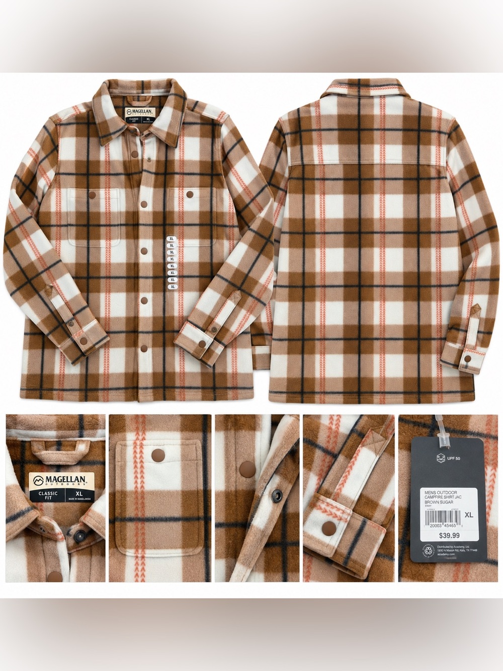 Magellan Women’s Outdoors Brown Cream Plaid Fleece Shirt Jacket XL